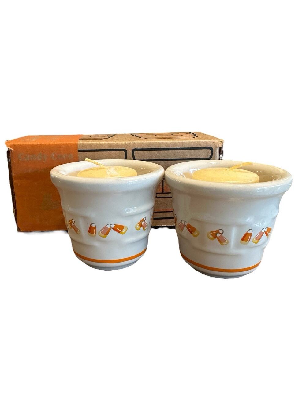 Longaberger Pottery Set of 2 Votive Condiment Cup Set Candy Corn 37508 Halloween